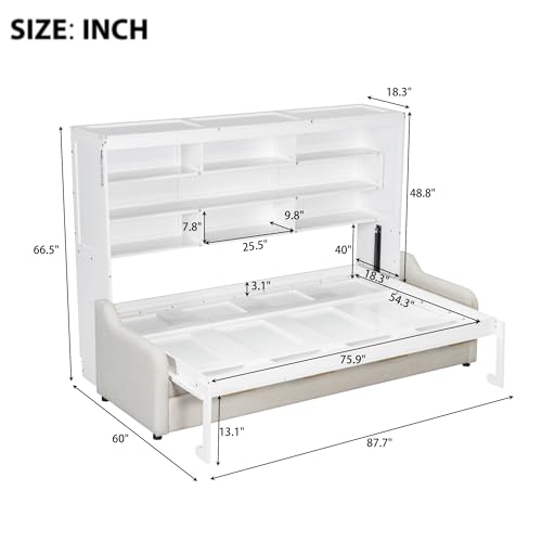 Queen Size Murphy Bed with Sofa, Shelves, USB & Light, Can be Folded Wall Bed and Tall Cabinet with Glass Doors& Wine Rack
