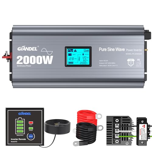 GIANDEL 2000W Pure Sine Wave Power Inverter FCC approved Low EMI DC 12V to AC 120V with a Hard Wire Terminal Block and Big LCD Display Wired Remote