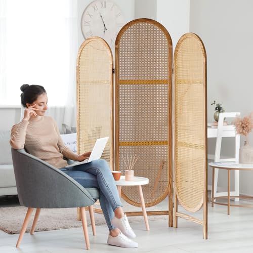5.9 Ft Tall Hand-Woven Rattan Room Divider 3 Panels, Wood Room Divider Panel, Folding Screen Divider Wall, Wall Divider for Room Separation