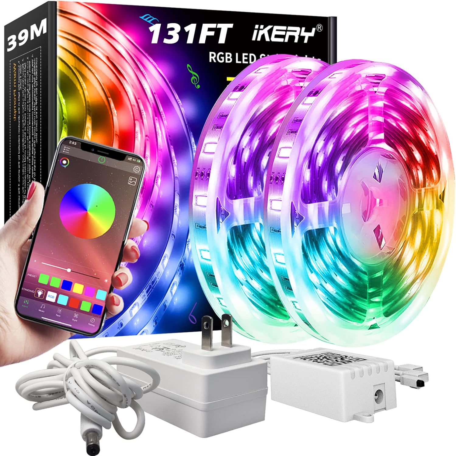 IKERY 5050 RGB Led Strip Lights 100+ ft(2 Rolls of 65.5ft) Smart Music Sync Color Changing LEDs Light Strips