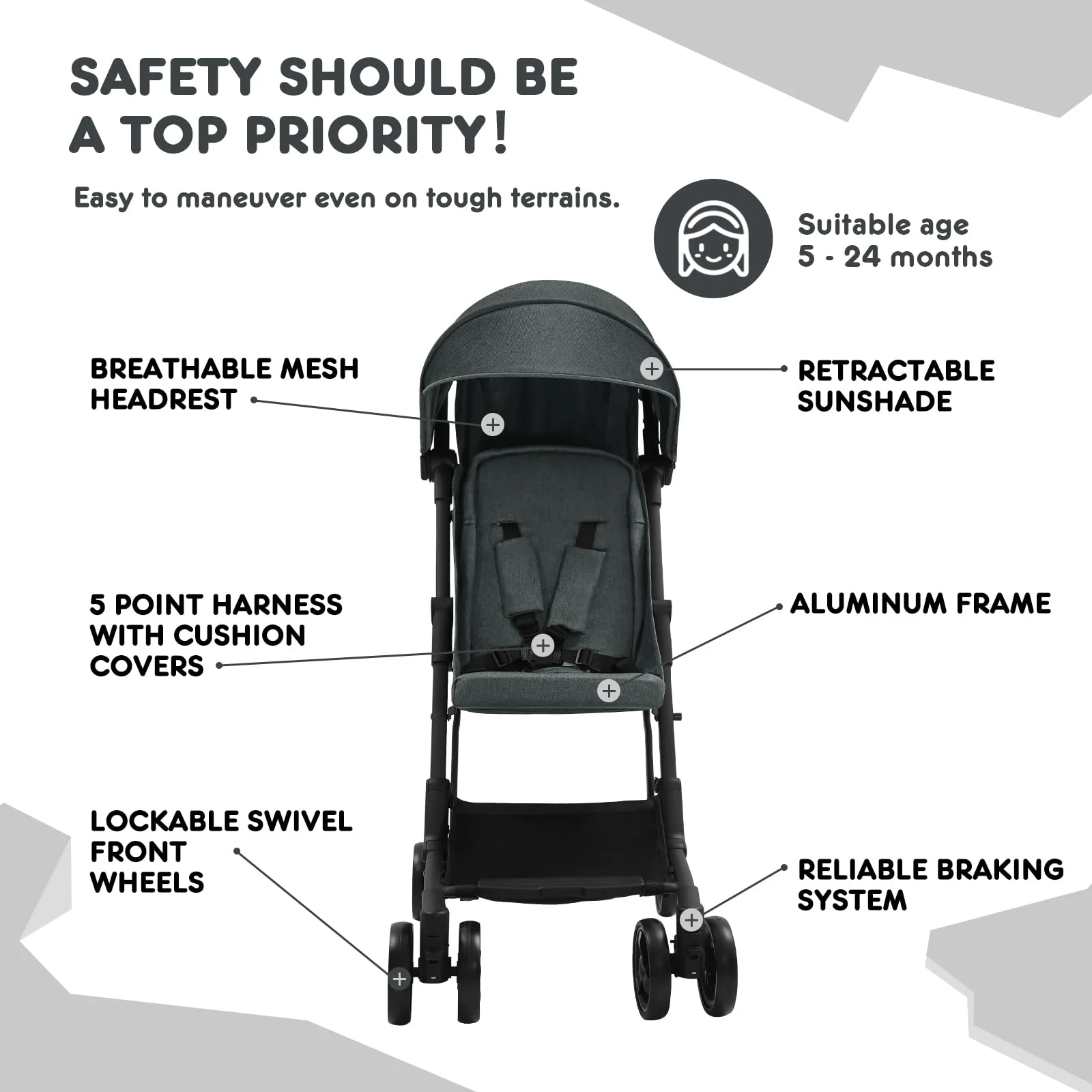 HARPPA Lightweight Travel Stroller, Compact Umbrella Stroller for Babies, Easy Folding, Black