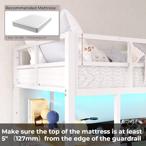 DICTAC Loft Bed Full Size with L-Shaped Desk and Charging Station Full Metal Bed Frame with LED Lights,Open Shelves and 3 Fabric Storage Drawers