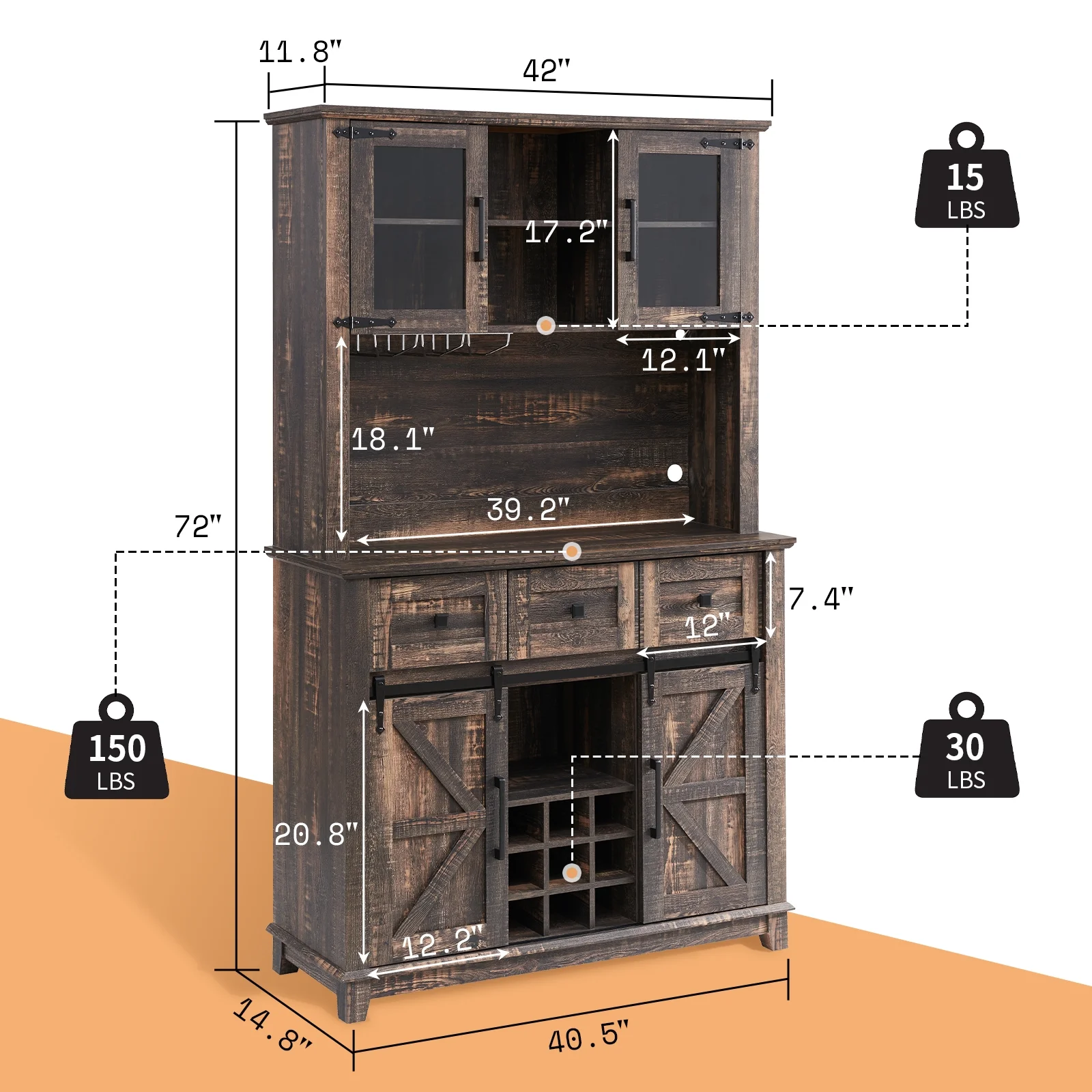 Amerlife Farmhouse Kitchen Cabinet Coffee Display Bar with LED Lights, Dark Rustic Oak