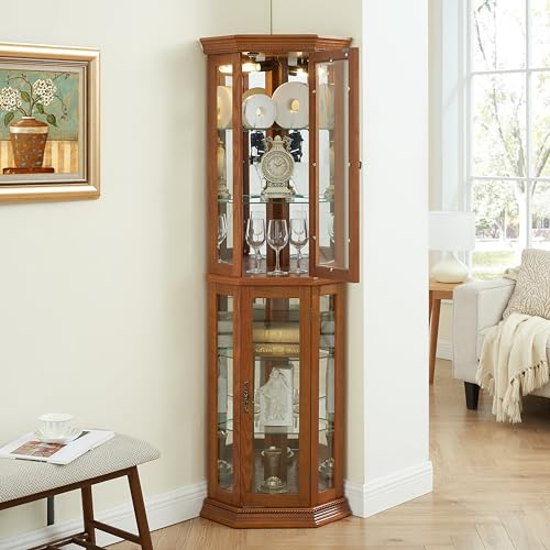 Corner Curio Cabinet Lighted Corner Display, Glass Display Shelf Shelving Bar cabinet with Tempered Glass Door, Bar Cabinet