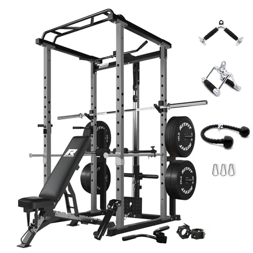 RitFit Power Cage with Optional LAT PullDown/Cable Crossover/Smith Machine System, 1000LB Squat Rack for Home & Garage Gym