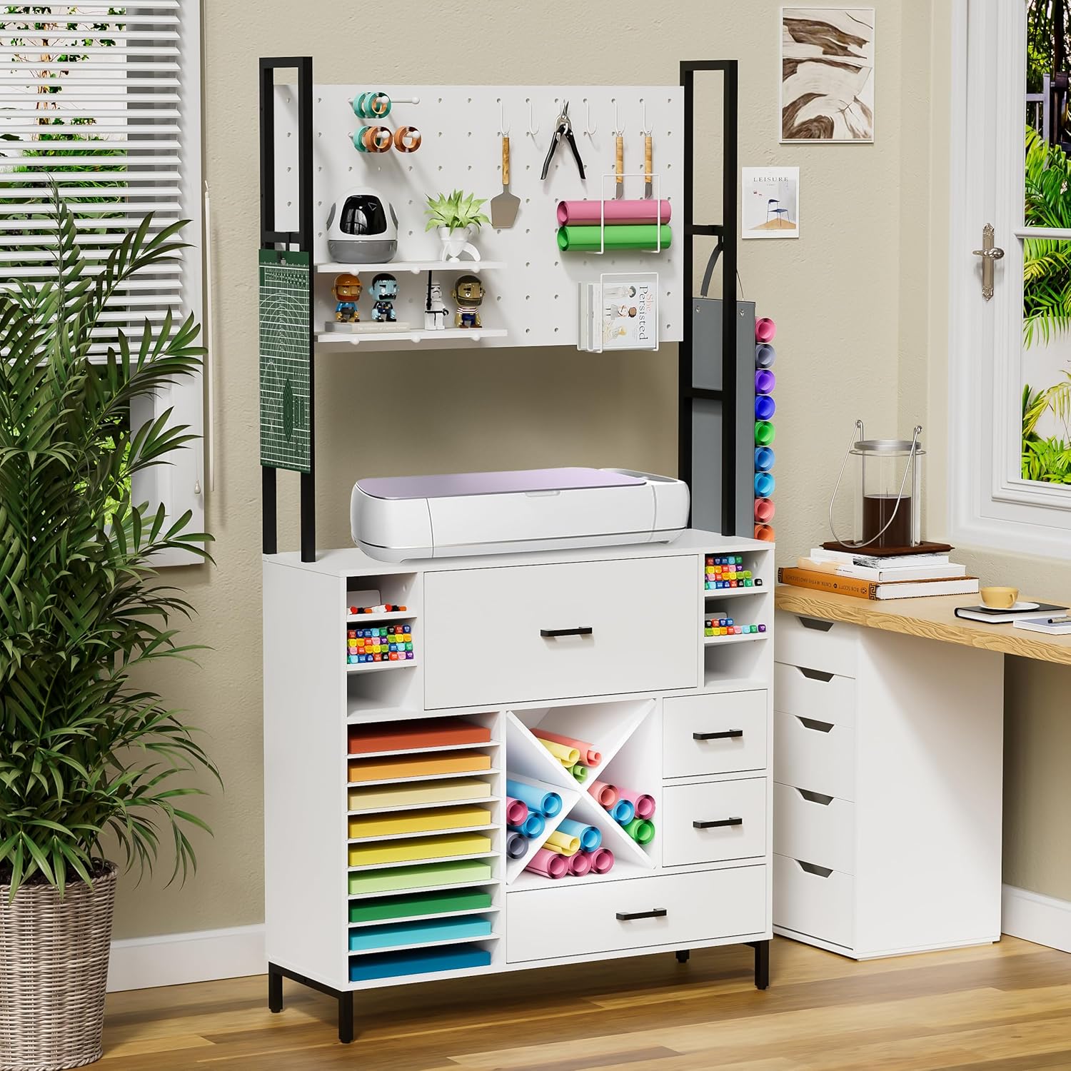 PAKASEPT Craft Organizers and Storage Cabinet Compatible with Cricut Machines, Cricut Accessories Craft Table with Power Outlet, Pegboard