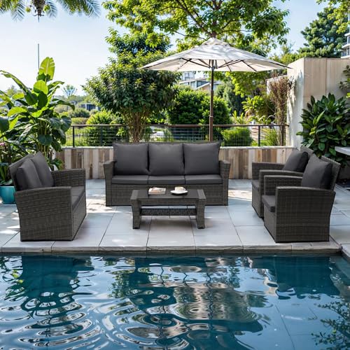 Wisteria Lane 4 Piece Outdoor Patio Furniture Sets, Wicker Conversation Set for Porch Deck, Gray Rattan Sofa Chair with Cushion