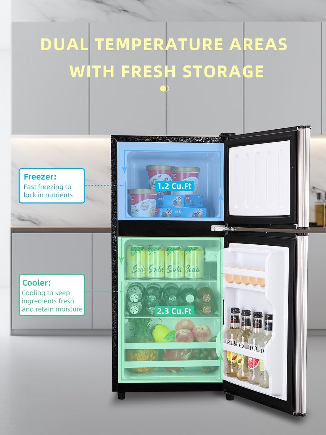 KRIB BLING Compact Refrigerators with Freezer, 3.5 Cu.ft Mini Fridge with 7 Level Temp Adjustable Thermostat, Small Fridge for Apartment, Office