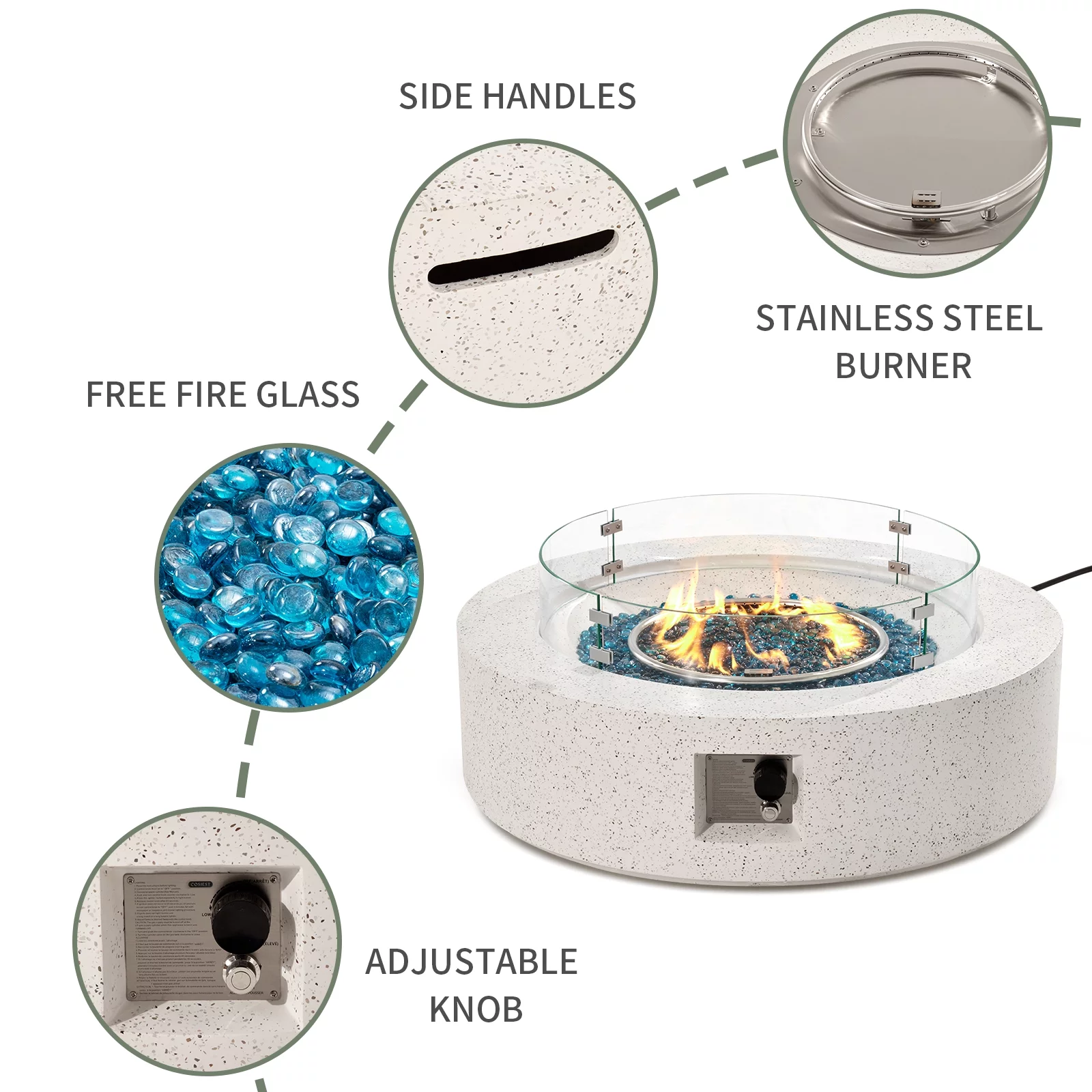COSIEST Outdoor Propane Fire Pit Coffee Table w Terrazzo White 40.5-inch Round Base Patio Heater, Wind Guard, Aqua Blue Fire Glass, Rain Cover