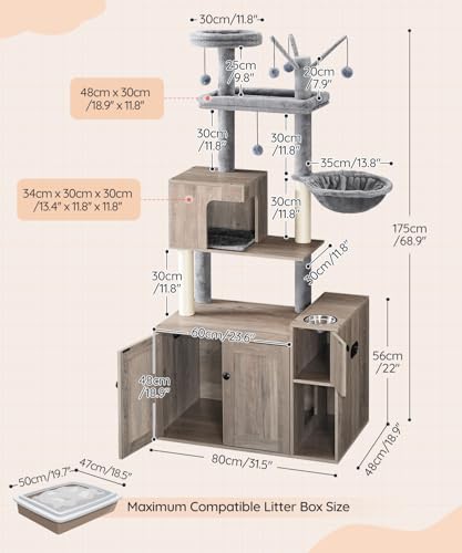 HOOBRO Cat Tree with Litter Box Enclosure, 68.9" H Cat Tower with Food Bowl and Storage, Hidden Litter Enclosure Furniture