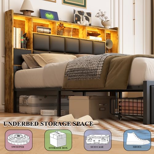 LED Bed Frame Full Size with Bookshelf Headboard, 2 Hidden Storage Drawers, Upholstered Platform Metal Bed Frame with Charging Station