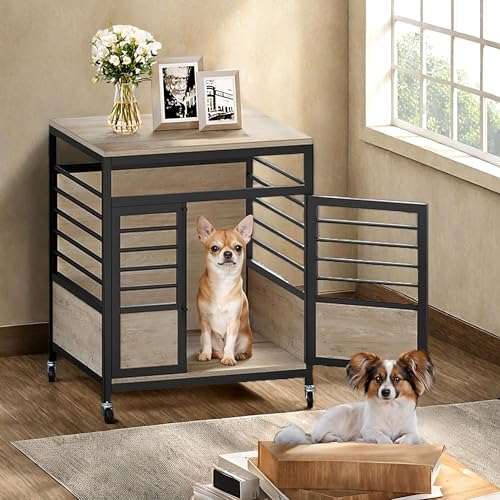 YITAHOME 39 Inch Dog Crate Furniture with Storage Shelves, Wooden Dog Crate for Large Dogs with Power Outlets