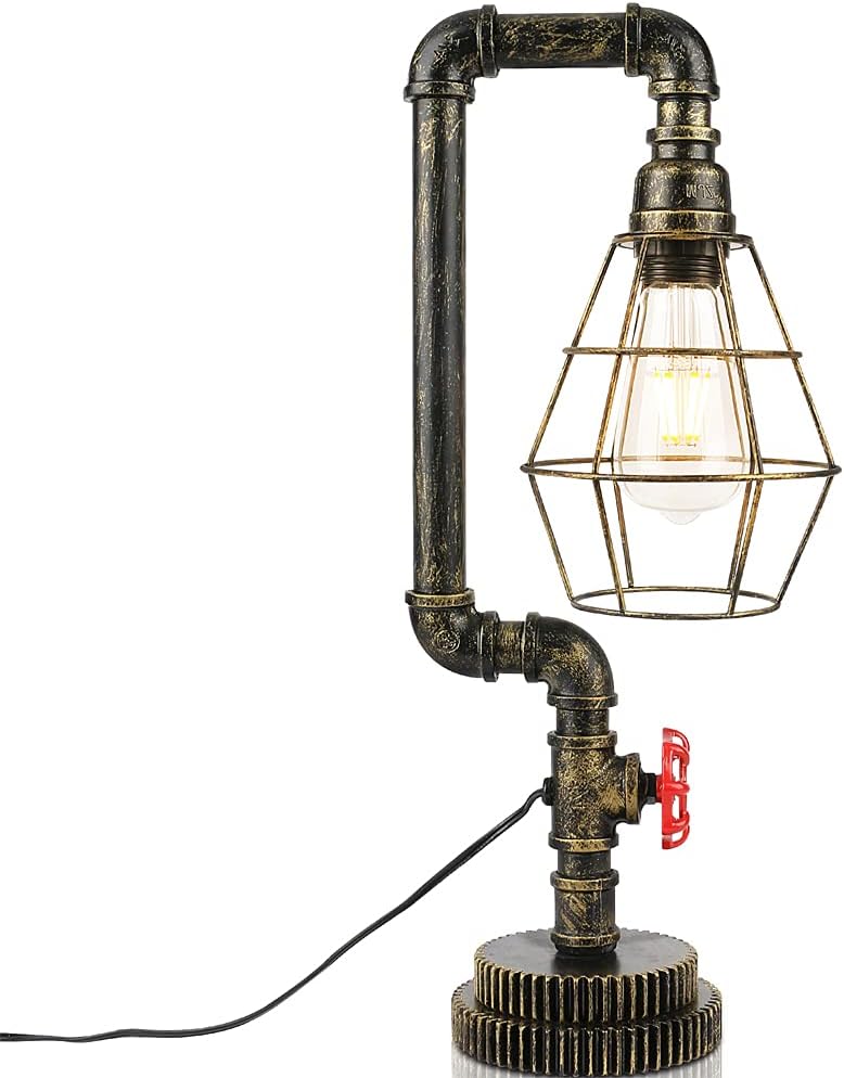 EFAYCRR Steampunk Table Lamp, Gear Wheel Base Desk Lamp Vintage Industrial Water Pipe Light for Bedside Table Nightstand Bar Restaurant Cafe
