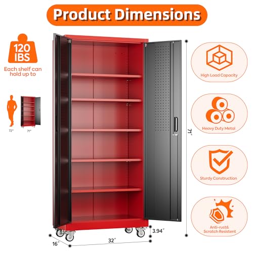 Metal Storage Cabinet with Wheels, 73" H Rolling Garage Cabinets with Locking Doors and Adjustable Shelves for Home Office, Basement, Pantry, Workshop