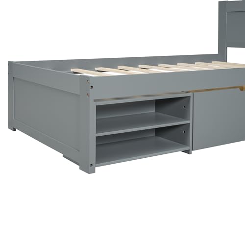 SOFTSEA Full Size Platform Bed with Storage, Platform Bed with Drawers and Bed End Case, Wood Platform Bed Frame with Storage Bookcase Headboard