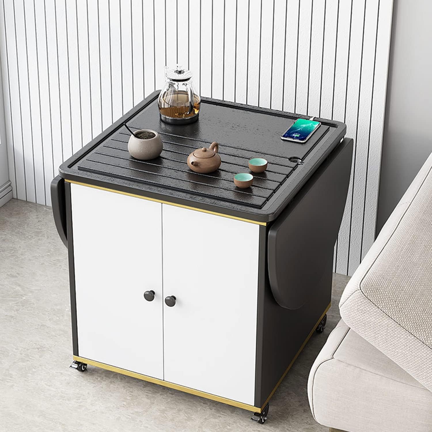 Coffee Table Smart Mobile Tea Table,Folding Dining Table Mobile Tea Cart with 3 USB Charging Ports,Hidden Compartment and Storage Shelf