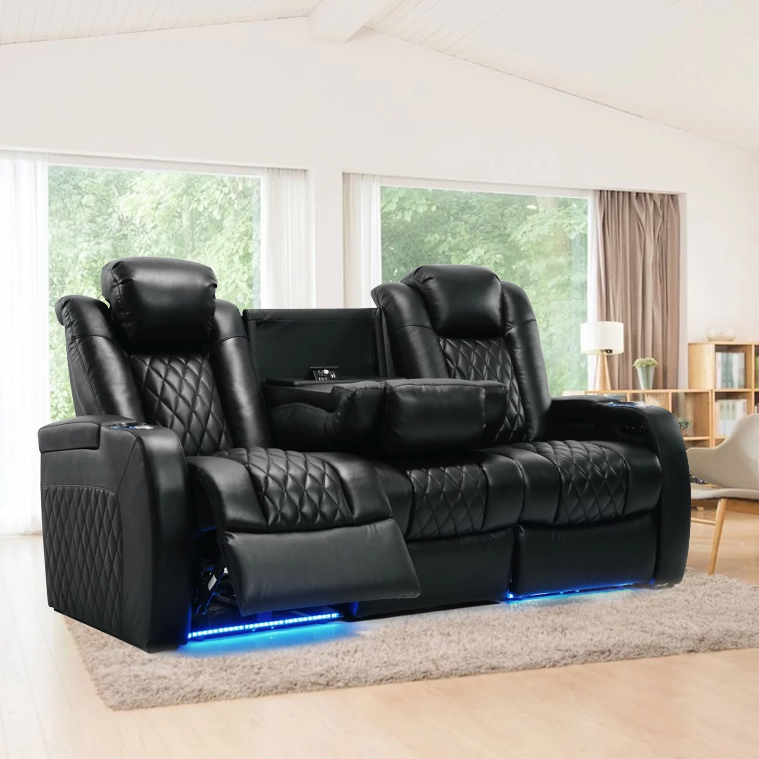 Weilianda Home Theater Seating Top Grain Leather Recliner Chair Dual Power Movie Gaming Sofa Electric Headrest with Tray Table Type-C USB Charge Cup