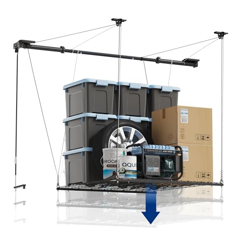 FLEXIMOUNTS GL1 Overhead Garage Lifting Storage Rack, 4x4 Ft Heavy-Duty Metal Garage Ceiling Rack, Adjustable Organization System With 71''