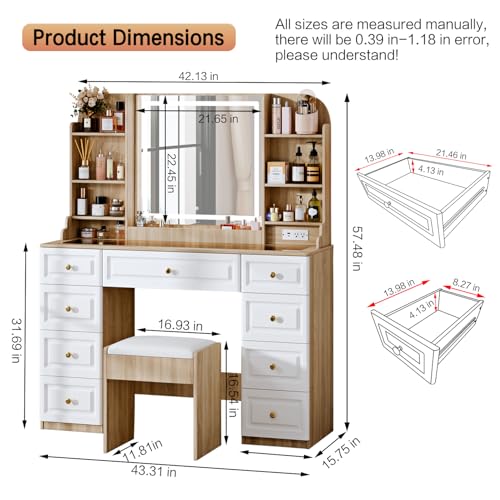 43" Makeup Vanity Desk with Mirror and Lights, & Power Outl, Glass Top Big Vanity Table with 9 Drawers& 8 Storage Shelves