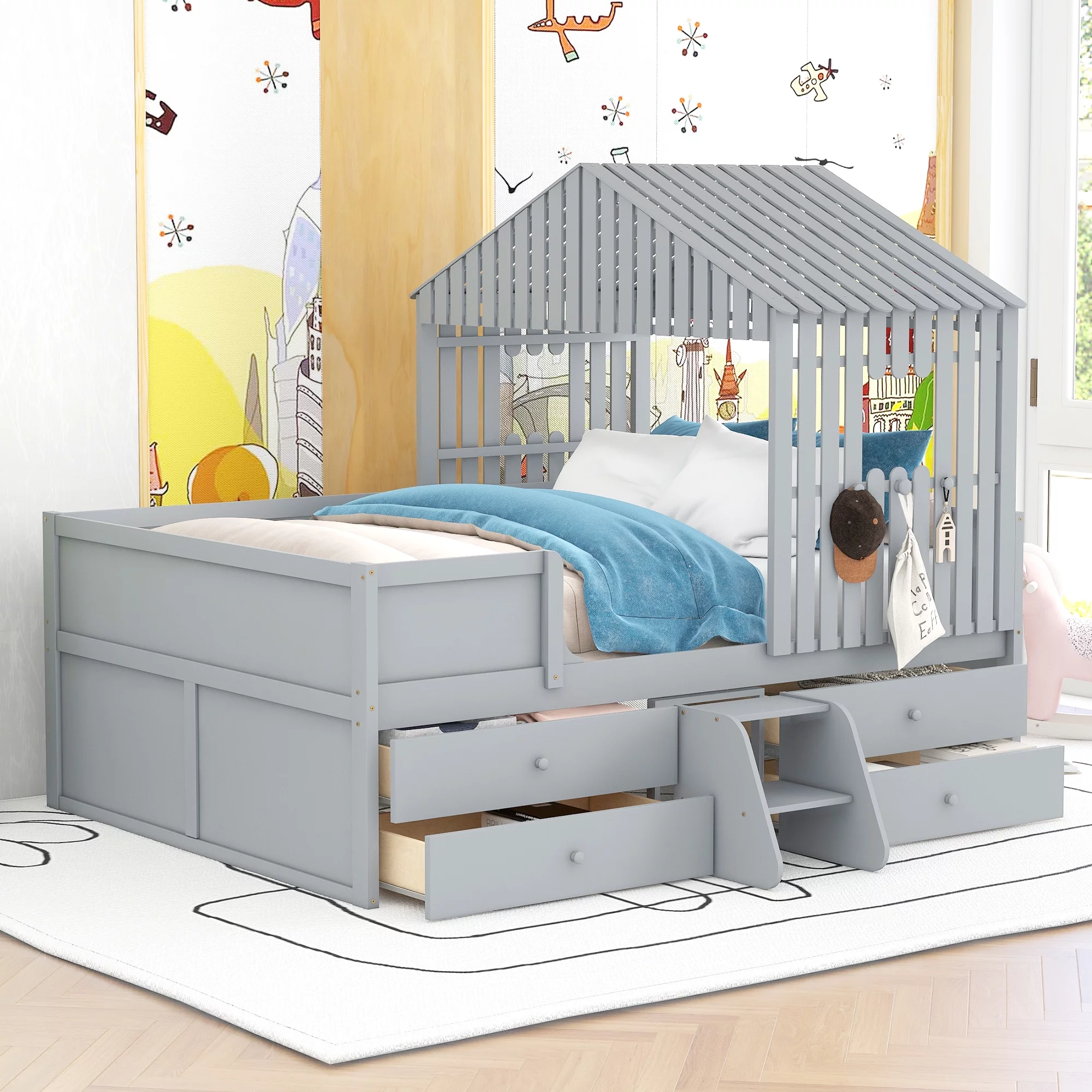Full Size House Low Loft Bed with Four Drawers,Gray
