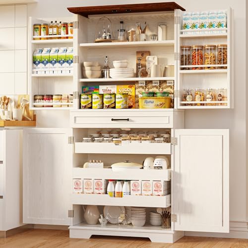 IRONCK Farmhouse Kitchen Pantry Cabinet, 72" Height Tall Freestanding Cupboard with Sliding Storage Rack and 6 Hanging Shelves for Kitchen