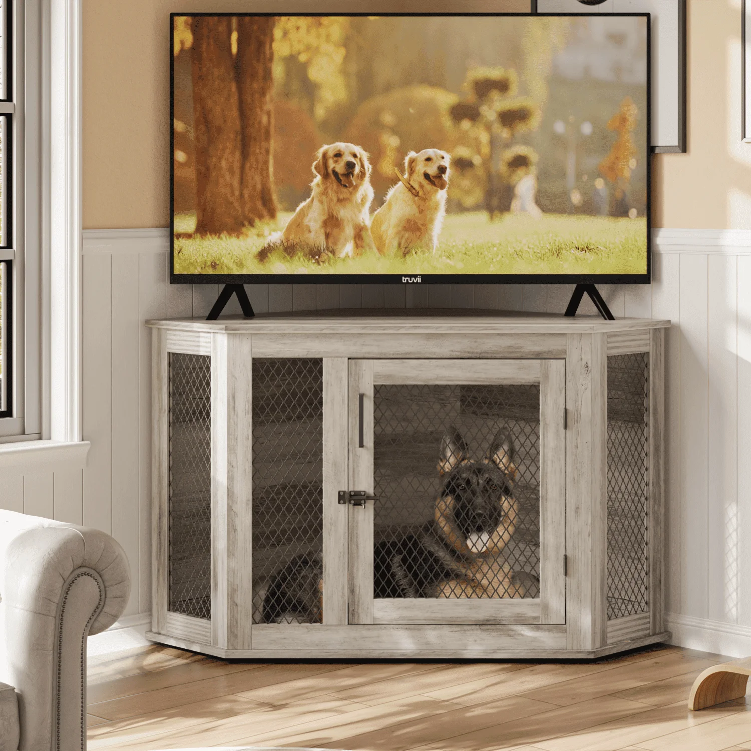 Bossin 44"Corner Dog Crate Furniture，Wooden Dog Kennel Indoor Furniture，Decorative Dog Crate