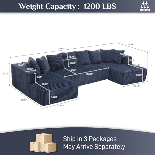 131" Modular Sectional Sofa Cloud Couch, Corduroy Memory Foam Black Sectional Couches for Living Room, Modern Deep Seat Boneless Sofa