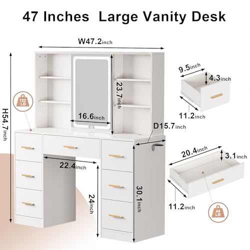 47'' Large Vanity Desk with Mirror and Lights, 7 Drawers, 8 Storage Shelves Vanity Table, Big Makeup Vanity Desk with 3 LED Lighting Modes