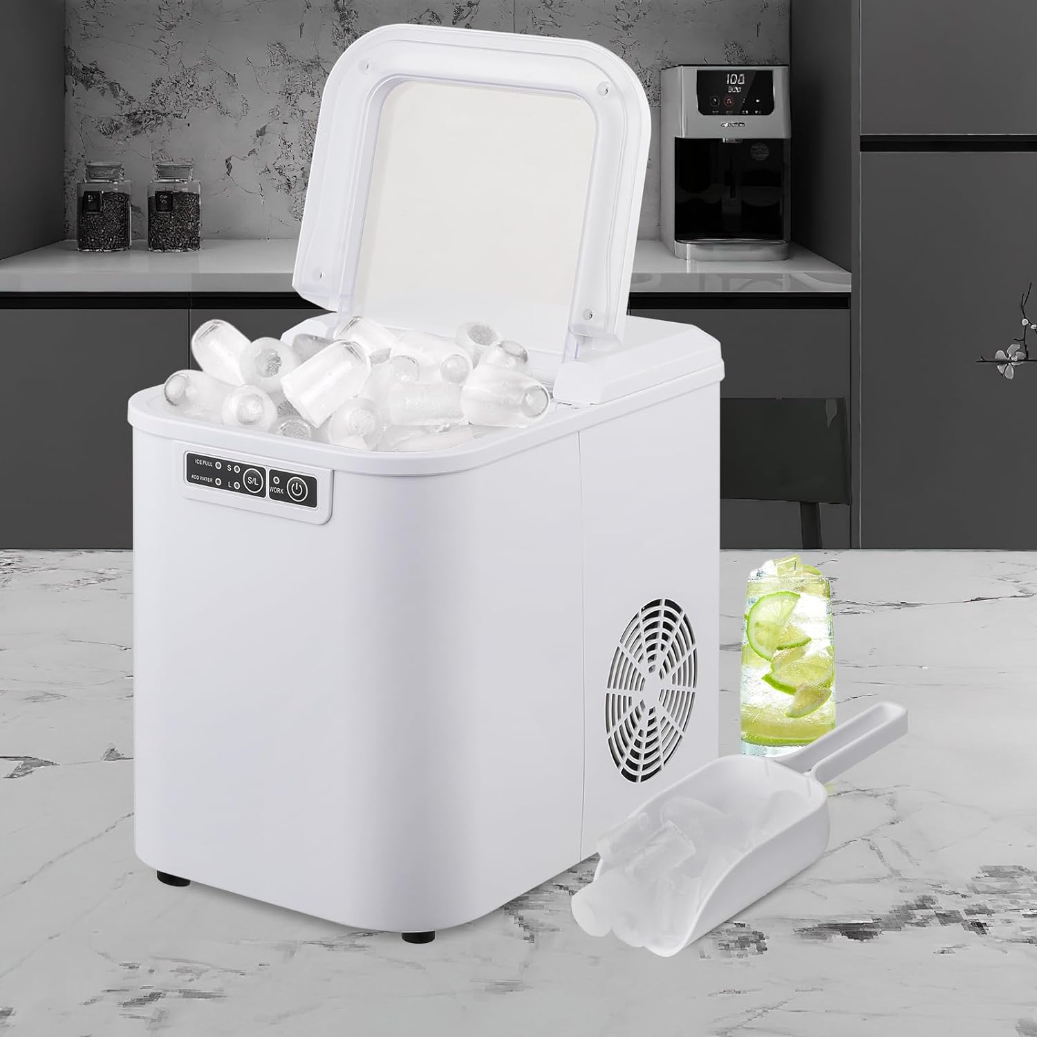 Ice Maker Countertop 9 Cubes Ready in 10Mins, 26lbs in 24Hours, 2 Sizes Bullet Shaped Ice, Ice Maker Machine with Ice Scoop and Basket