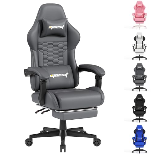 Gaming Chair, Computer Office Chair with Footrest, Linkage Armrests and Lumbar Support, High Back Ergonomic Gamer Chairs for Adults, Blue Fabric