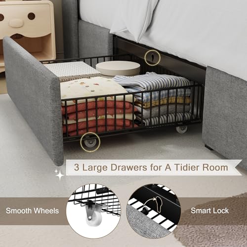 Queen Bed Frame with 4 Storage Drawers and Charging Station, Upholstered Platform Bed Frame with Storage Headboard, No Box Spring Needed
