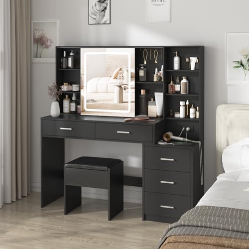 Fameill Vanity Desk with Mirror and Lights, Makeup Vanity with 5 Drawers, Makeup Desk with Charging Station and Ample Storage