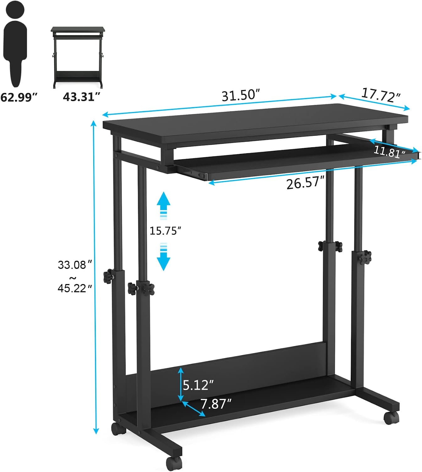 Tribesigns Height Adjustable Computer Desk Sofa Bed Table, Small Rolling Laptop Cart with Keyboard Tray, Black