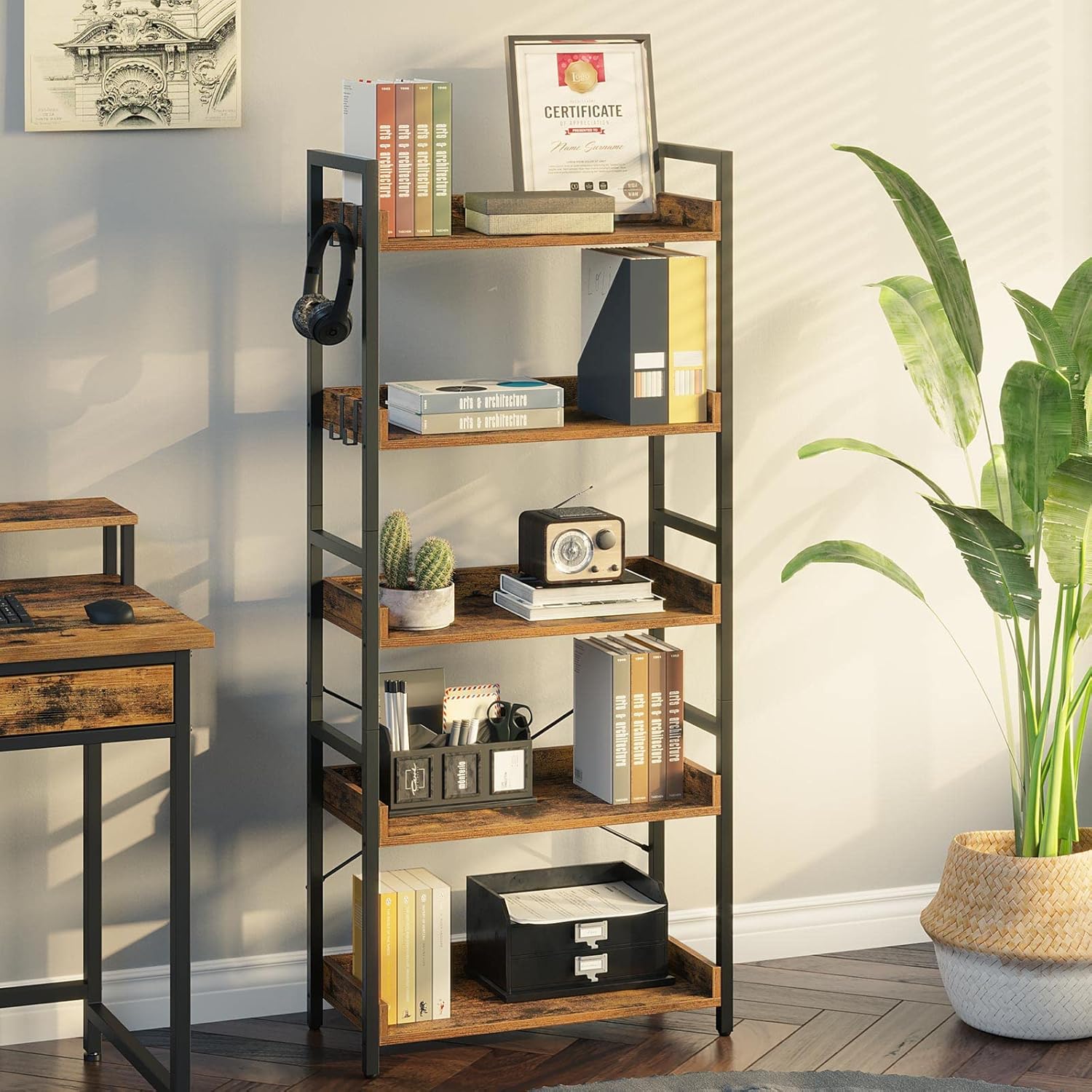 Rolanstar 5 Tier Bookshelf, Industrial Wood Bookcase with 4 Hooks, Vintage Storage Rack with Open Shelves
