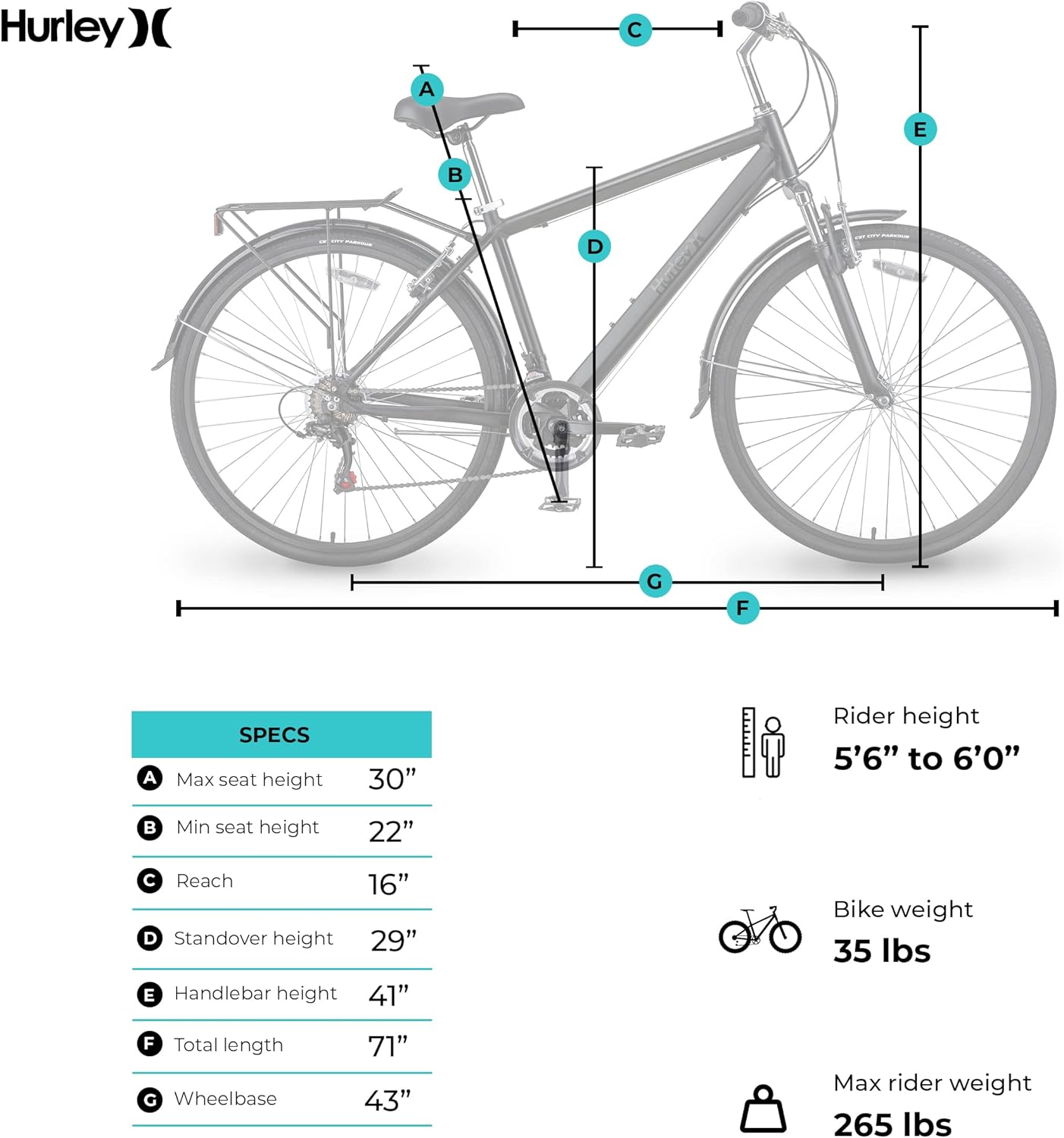 Hurley J-Bay Hybrid Urban Bicycle (Black, Medium / 18 Fits 5'6"-6'0")