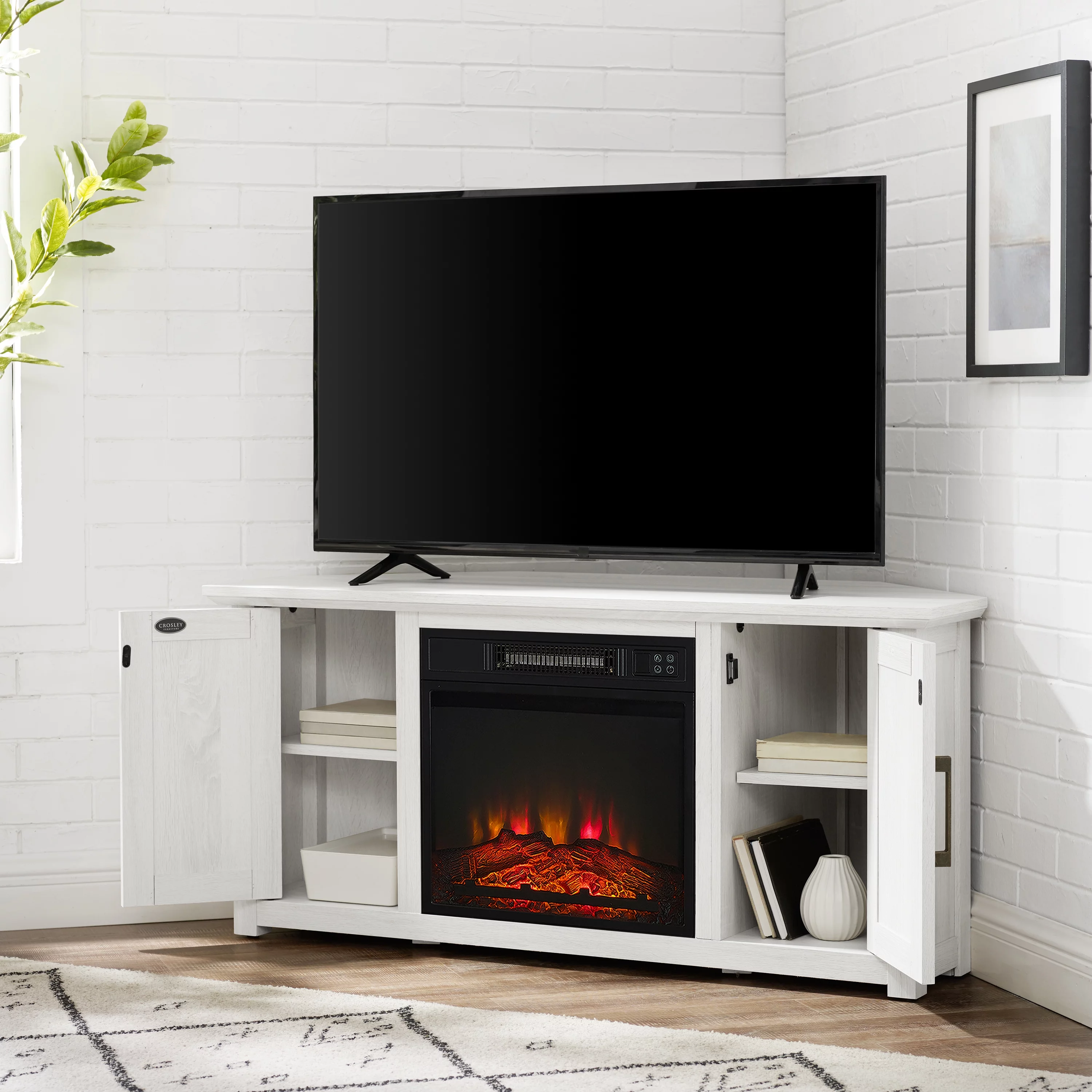 Crosley Furniture Camden 48"Wood Corner TV Stand with Fireplace in Whitewash