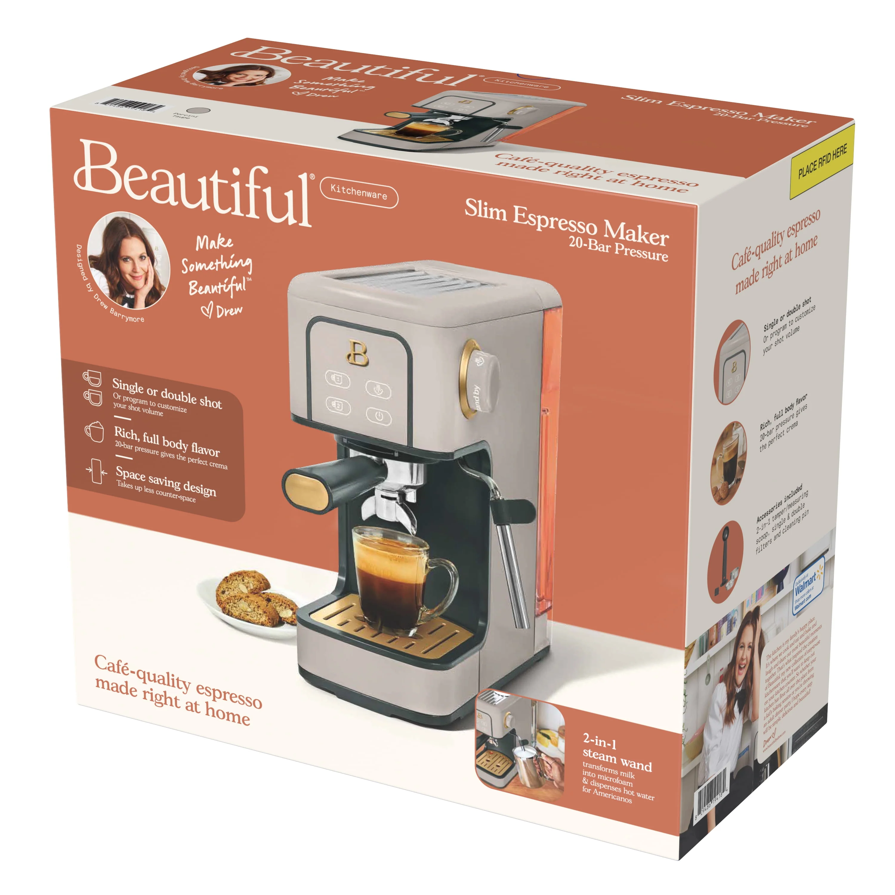 Beautiful Slim Espresso Maker with 20-Bar Pressure, White Icing by Drew Barrymore