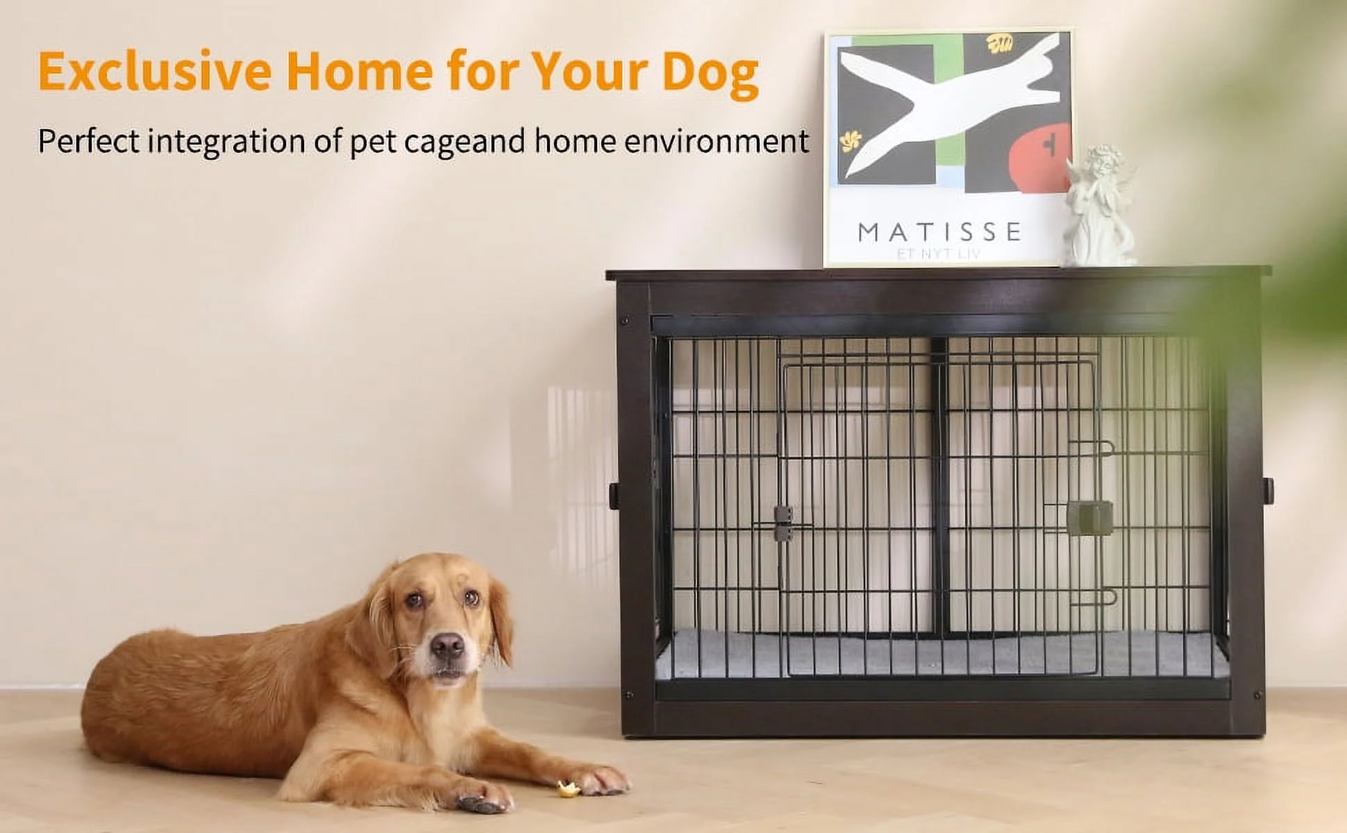 Dog Crate Furniture Indoor Dog Crate End Table Heavy-Duty Dog Cage with Dog Mat, Three-Door Dog House Black