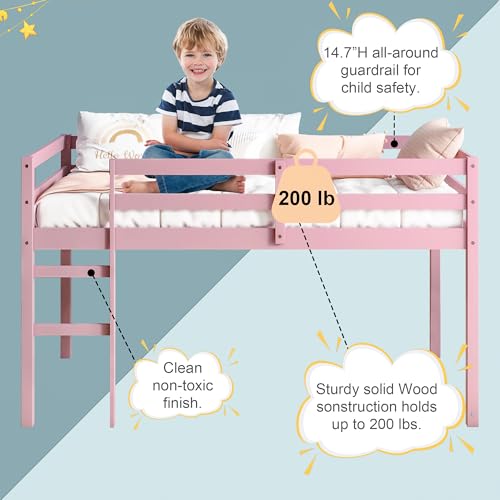 Low Loft Bed Twin Size, Kids Solid Wood Modern Loft Bed Frame with Ladder and Safety Guardrail for Girls Boys, Noise-Free,Non-Toxic Finishes