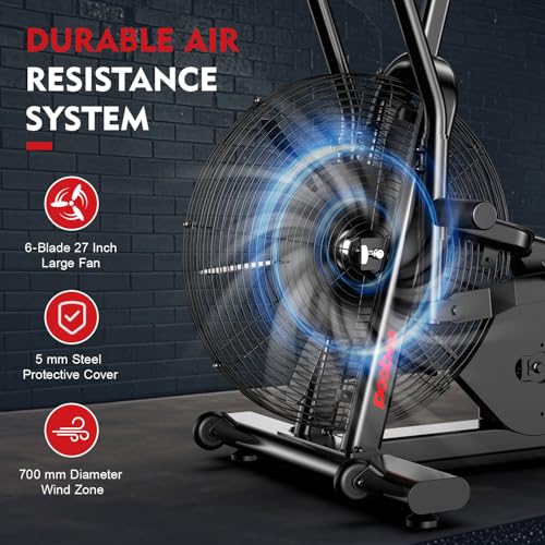 pooboo Exercise Bike, Stationary Bike for Home Gym, Air Resistance Bluetooth Fan Bike w/Dual Acction Handlebars & Dual-Layer Transmission System