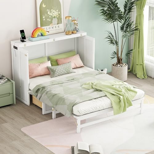 KEIKI Full Size Cabinet Murphy Bed with Charging Station and Drawers, Multiple Storage Foldable Hideaway Wall Murphy Bed Frame with Solid Slats