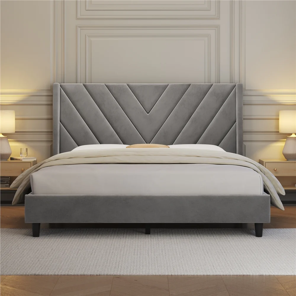 Topeakmart Full Modern Upholstered Bed with Wooden Slat Support, Light Gray