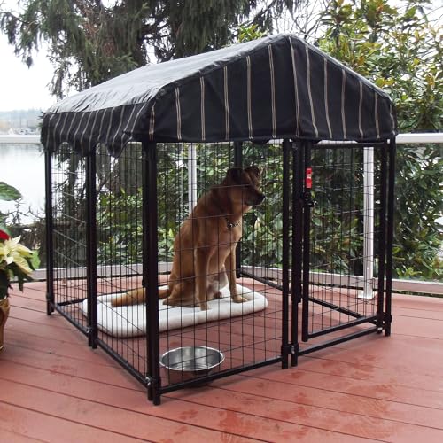 Stay Series 4 by 4 by 4.3 Feet Studio Jr. Black Powder Coat Steel Frame Outdoor Dog Kennel with Waterproof Canopy Roof and Gate Door, Khaki