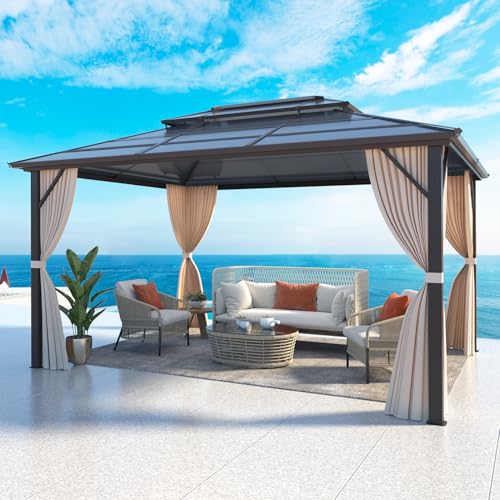 MELLCOM 10'x13' Hardtop Gazebo with Polycarbonate Double Roof, Aluminum Frame Outdoor Gazebo Permanent Pavilion with Curtains and Netting for Patio