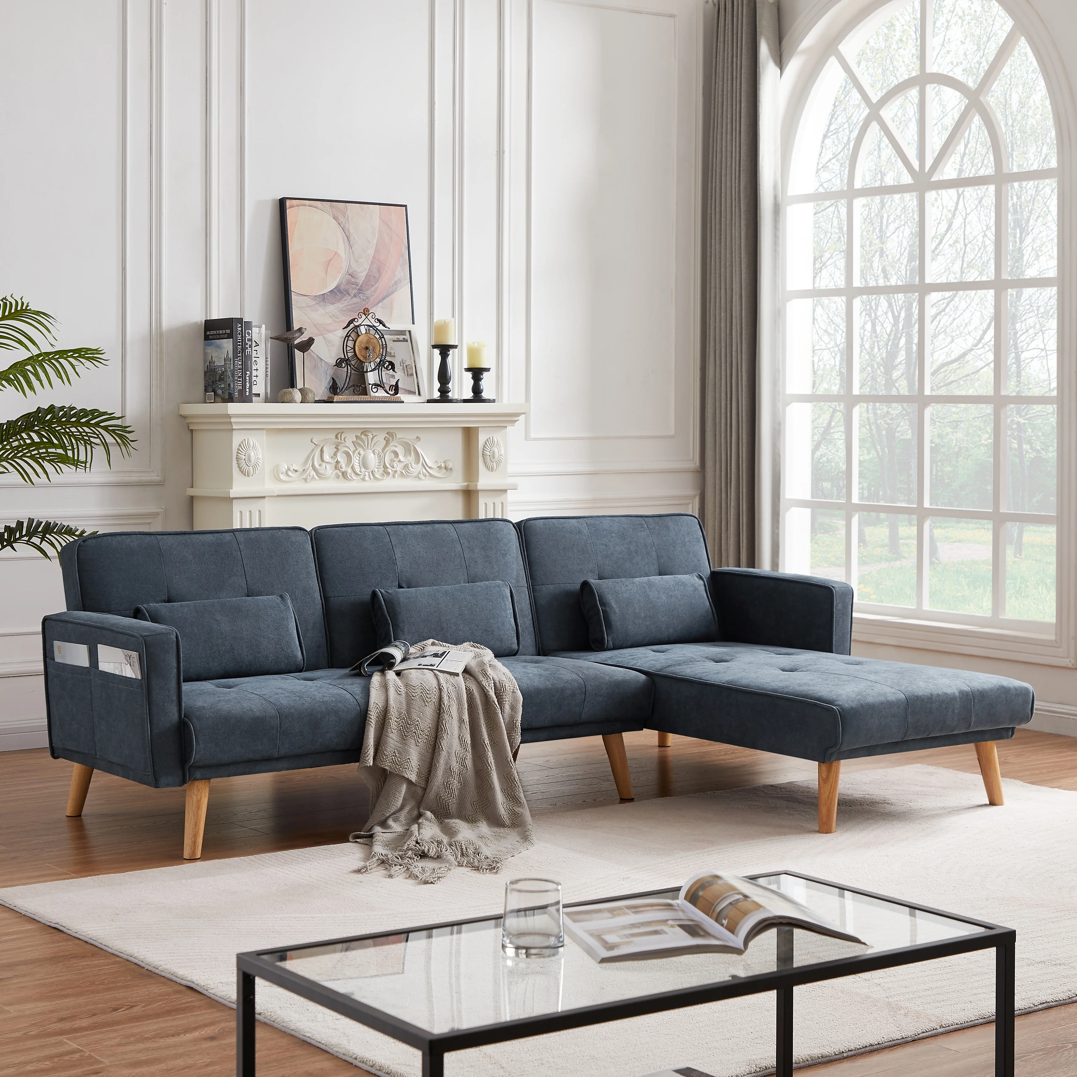 Convertible L-shaped Linen Sleeper Sectional Sofa, Right Facing