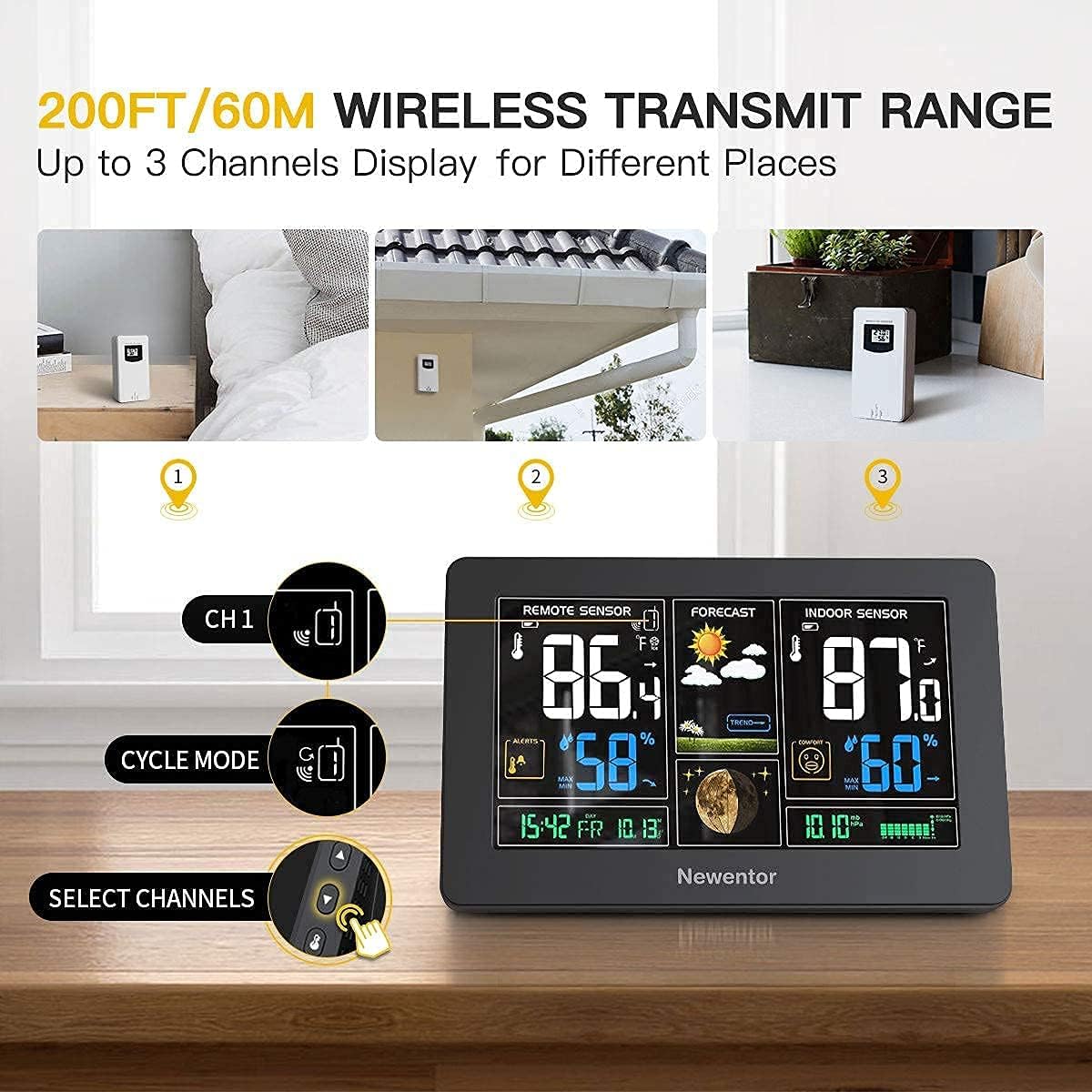 Newentor Weather Station Wireless Indoor Outdoor Thermometer, Color Display Digital Weather Thermometer with Atomic Clock