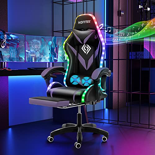 HOFFREE Gaming Chair Massage with Bluetooth Speakers and Led Lights Ergonomic Computer Gaming Chair with Footrest RGB Video Game Chair with High Back