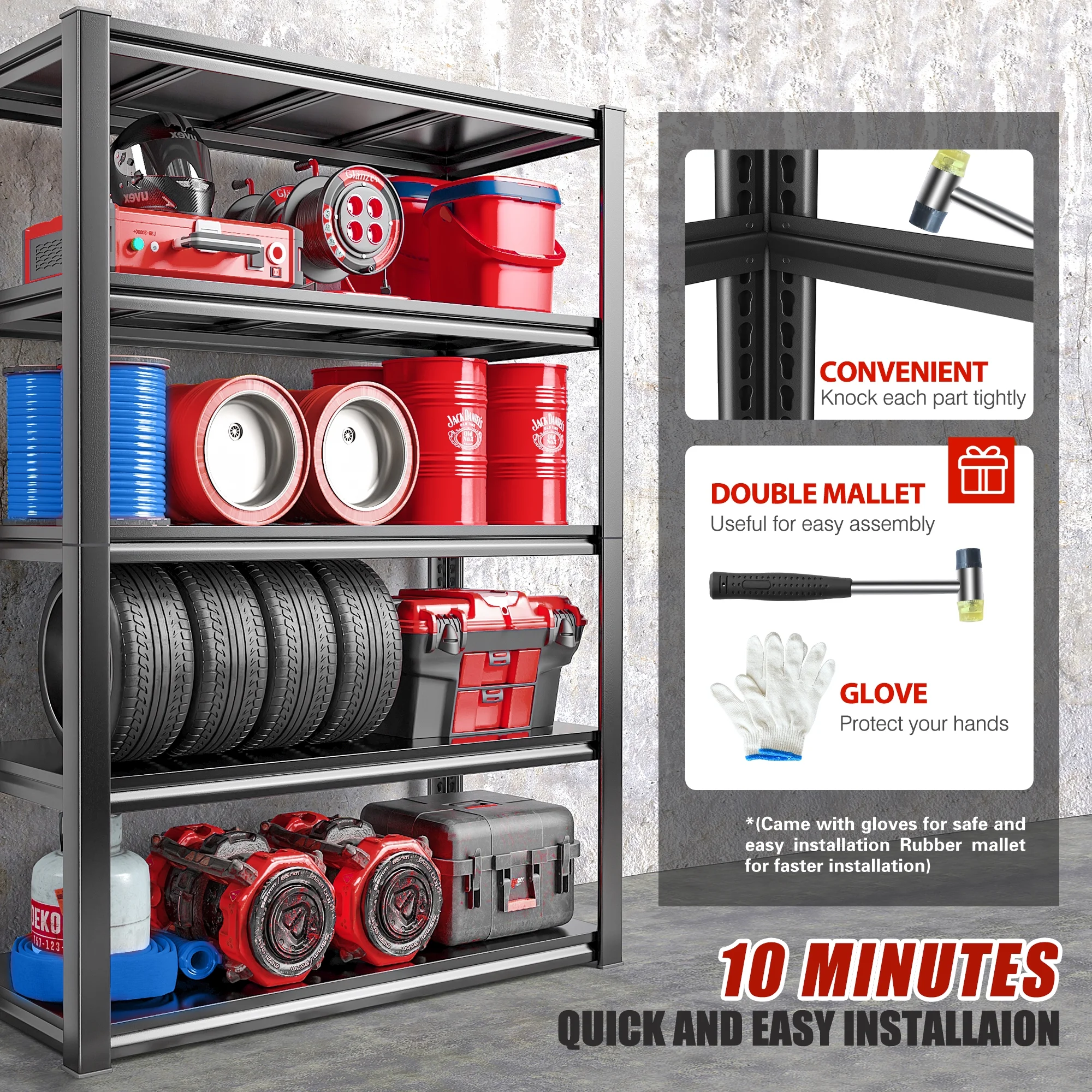 72"H 5-Shelf Garage Shelving Heavy Duty Storage Shelves for Garage Storage 2000Lbs Standing Metal Shelf Rack Adjustable Industial Shelving Unit for