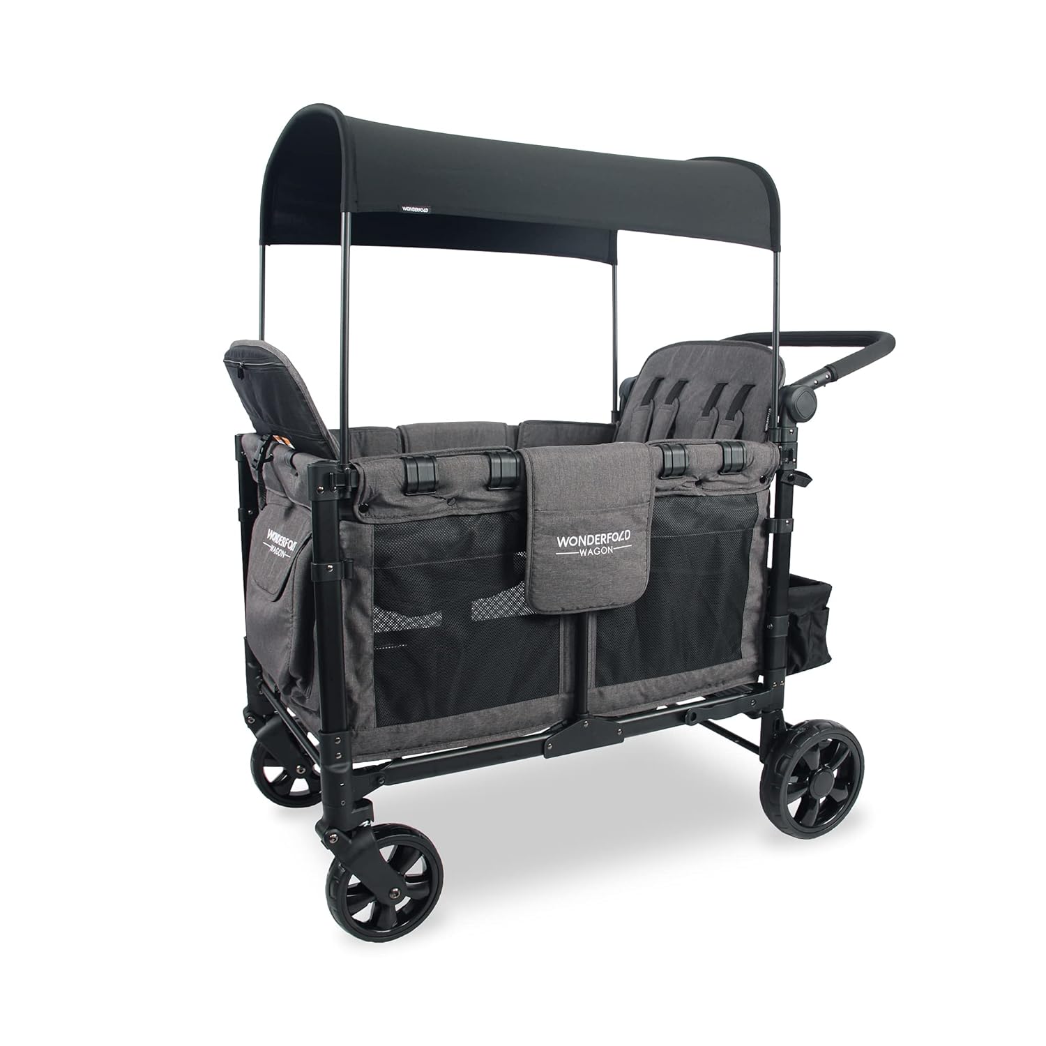 WONDERFOLD W4 4 Seater Multi-Function Quad Stroller Wagon with Removable Raised Seats and Slidable Canopy, Navy