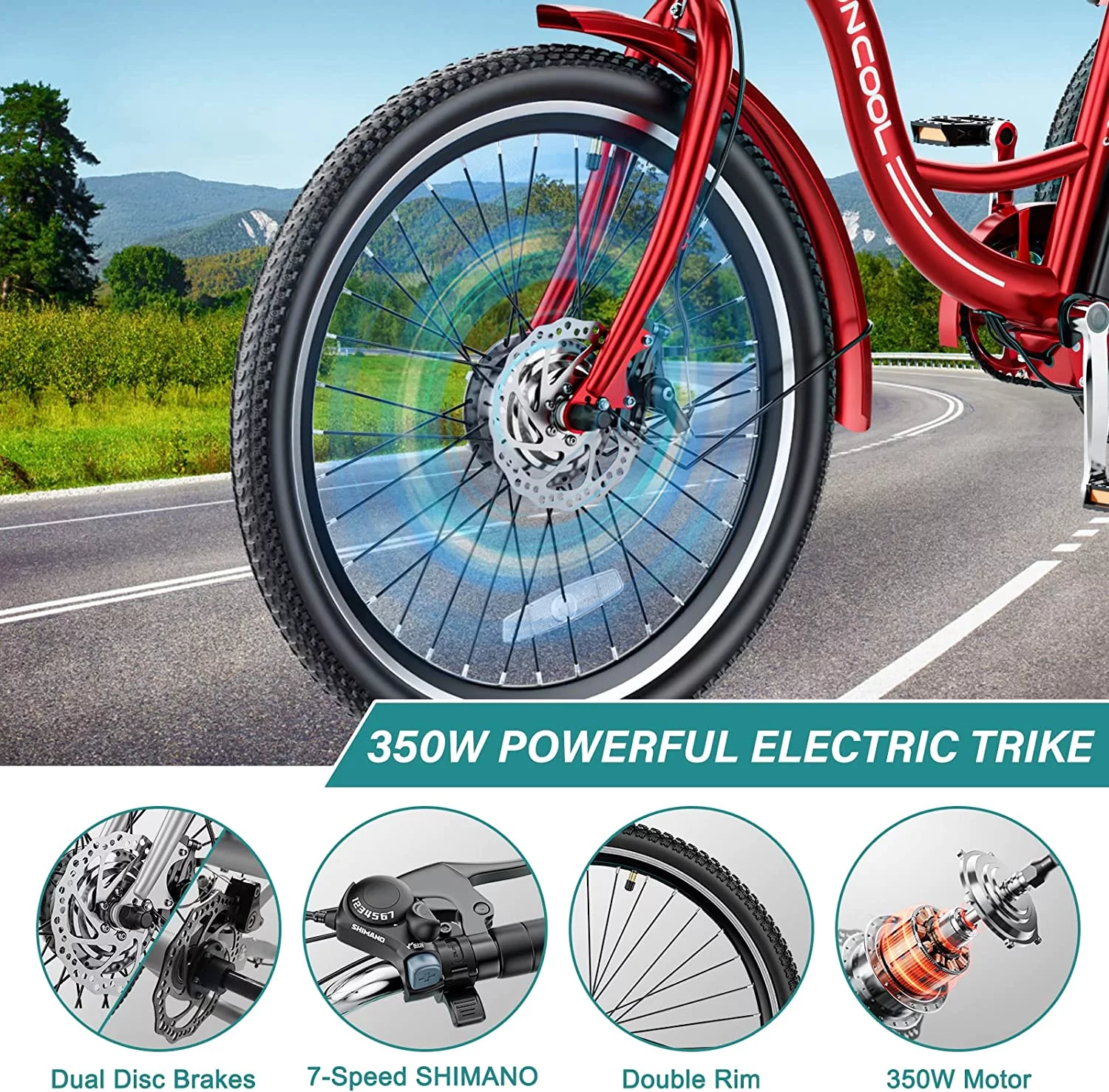MOONCOOL 350W Motorized Electric Trike, 7 Speed 3 Wheel Electric Bicycle with 36V 14.5Ah Lithium Battery UL Certified